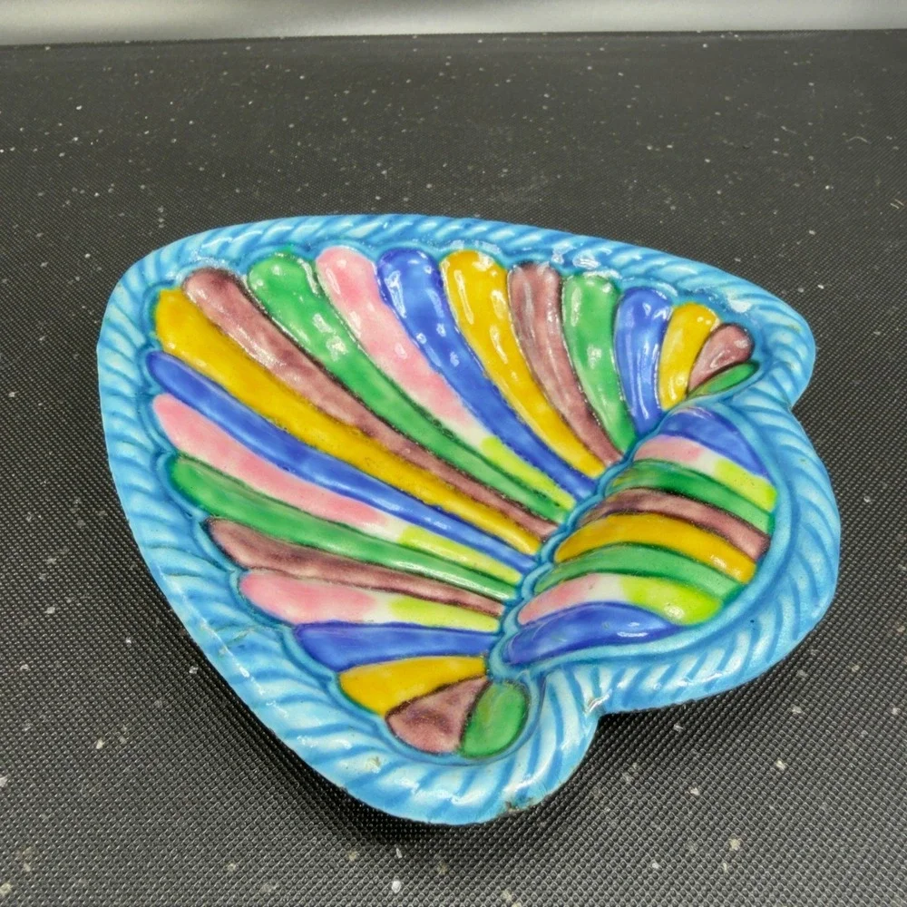 Vintage Enameled Metal Seashell Trinket Dish Multi Color Scallop Shell Tray Dish